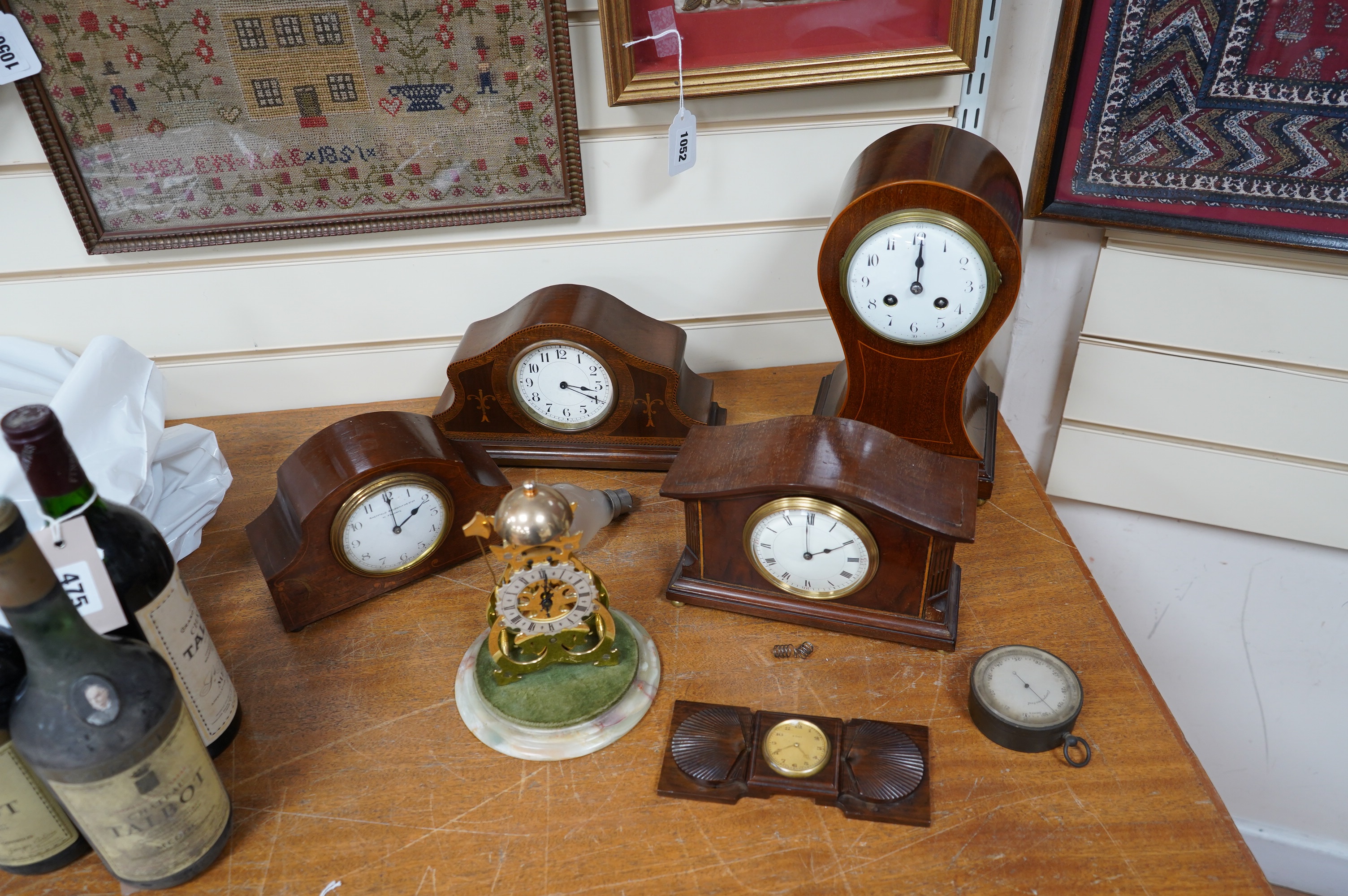 Sundry items to include four Edwardian inlaid mantel clocks, a barometer and a skeleton clock (7). Condition - mostly fair, untested